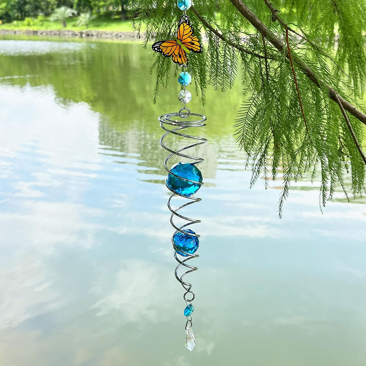 FONMY Butterfly Sun Catcher Gazing Ball Wind Spinner Rainbow Maker Silver Spiral W/ K9 Blue Crystal