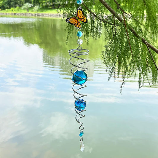 FONMY Butterfly Sun Catcher Gazing Ball Wind Spinner Rainbow Maker Silver Spiral W/ K9 Blue Crystal
