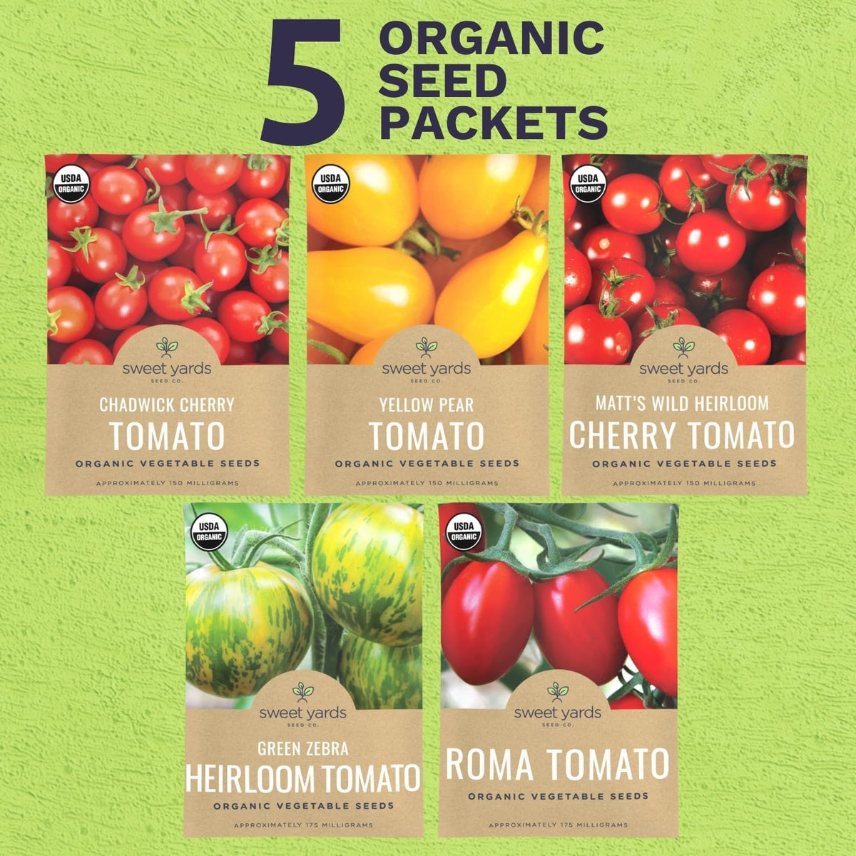 Organic Cherry Tomato Seeds Variety Pack - 5 Individual Packs - 2025 Season - Green Zebra, Matt's