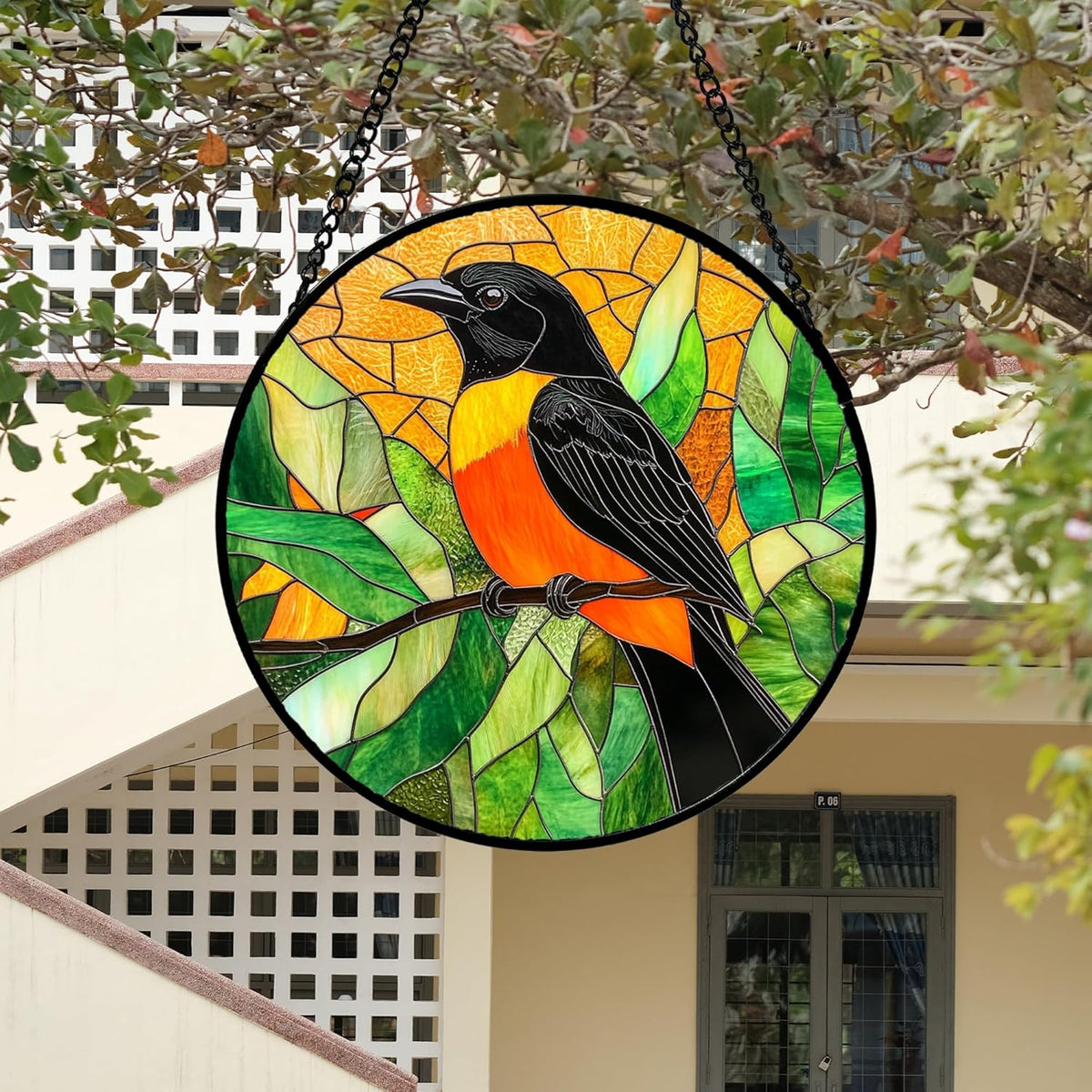 Stained Glass Window Hanging 4 Pcs Set Birds Large 15" - Cardinal Blue Jay Suncatcher Door Garden