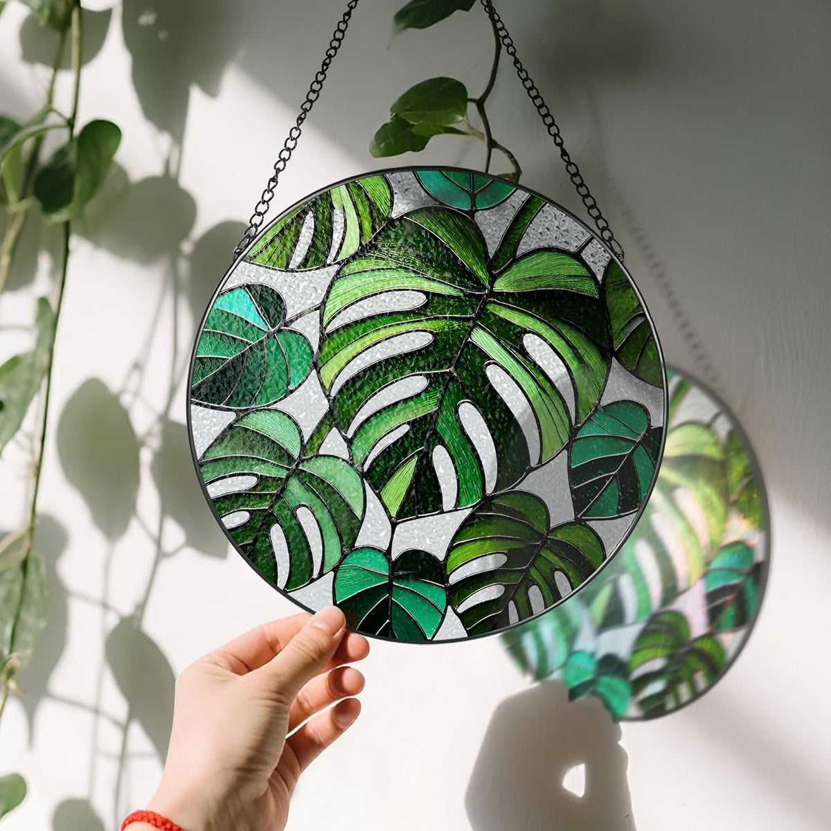 Stained Glass Window Hanging, 8 Inch Monstera Plant Stained Glass Suncatcher, Plant Sun Catcher