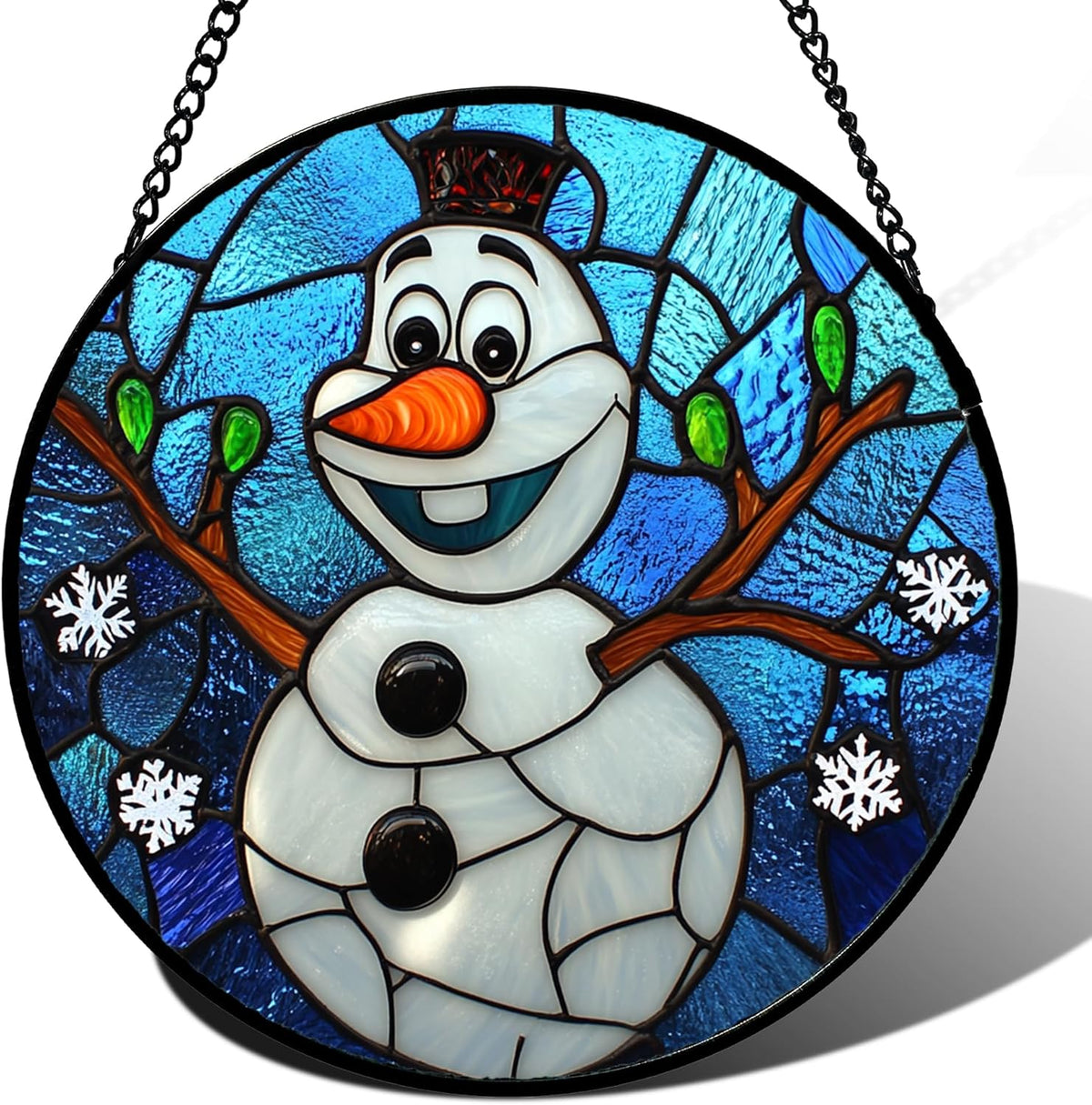 Stained Glass Window Hanging Christmas Funny Snowman 6.3" - Suncatcher Door Garden Blue White