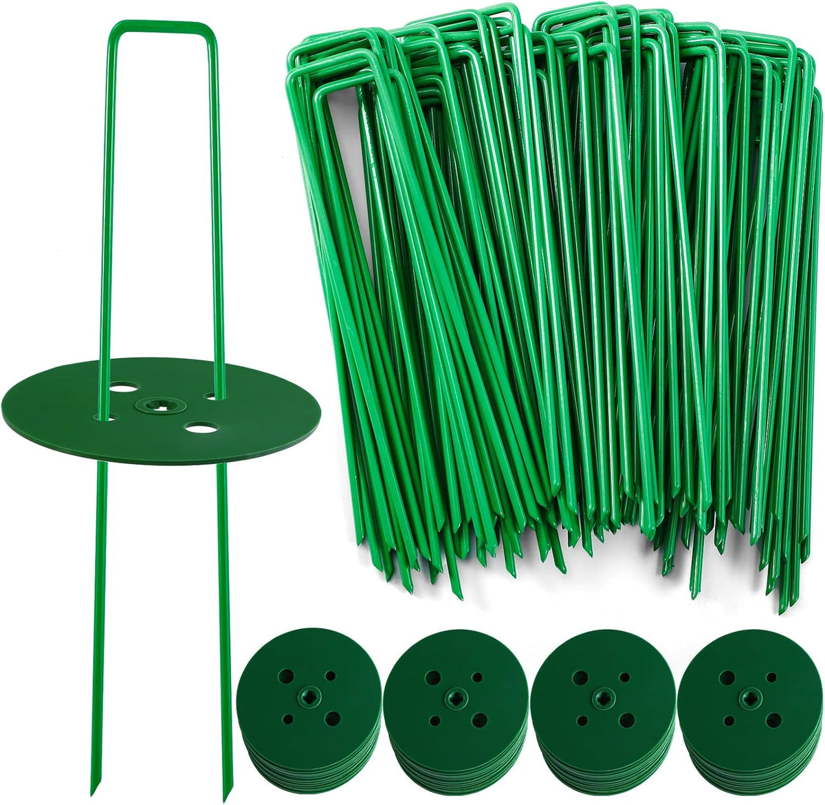 100 PCS Landscape Staples + 100 PCS Gaskets, U-Shaped Galvanized Garden Stakes Landscaping Fabric