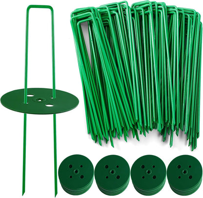 100 PCS Landscape Staples + 100 PCS Gaskets, U-Shaped Galvanized Garden Stakes Landscaping Fabric
