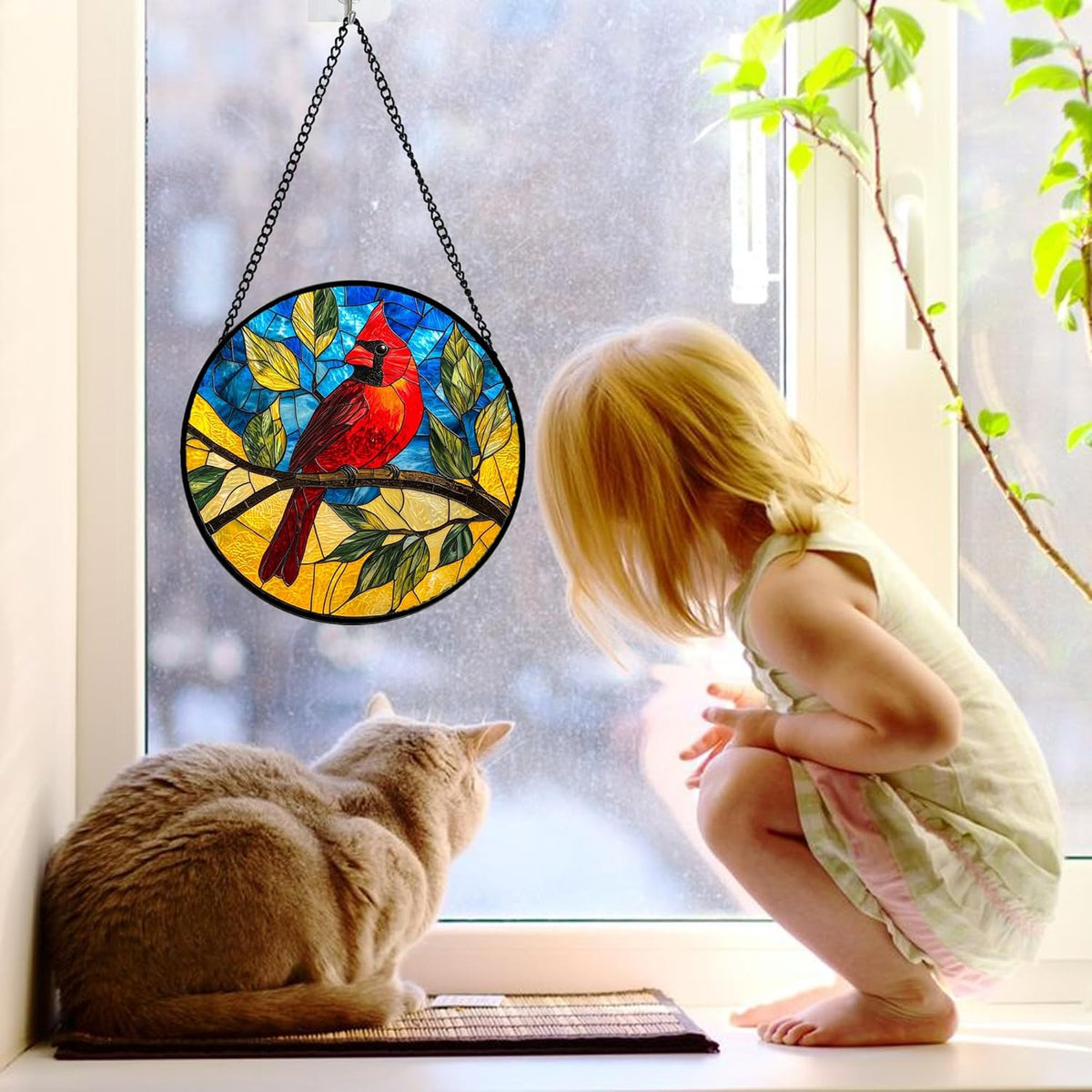 Stained Glass Window Hanging, Blue Sky Cardinal Sun Catchers Colorful Glass Panel Red Birds