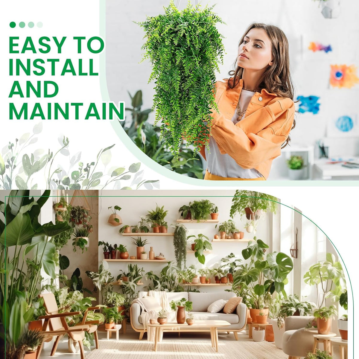 Geosar 72 Pcs Artificial Hanging Plants 32 Inch Hanging Boston Ferns Plastic Fake Plants for Wall