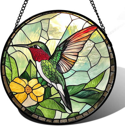 Stained Glass Window Hanging, Green Hummingbird Sun Catcher for Door Home Decor, Birds Suncatcher
