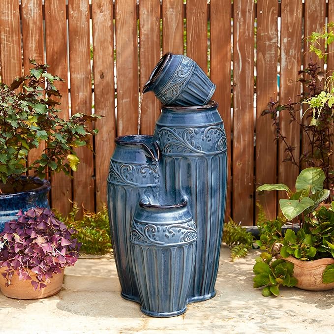 Glitzhome 35.5" H Oversized Outdoor Water Fountain with LED Lights and Pump, 4 Tier Turquoise
