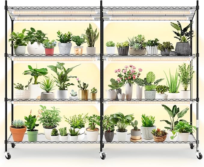 Bstrip Plant Shelf with Grow Light, 4-Tier Large Grow Light Shelf with Wheels, Stainless Steel
