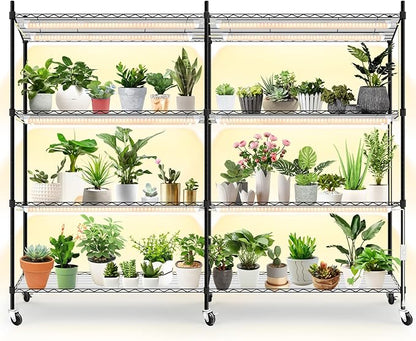Bstrip Plant Shelf with Grow Light, 4-Tier Large Grow Light Shelf with Wheels, Stainless Steel