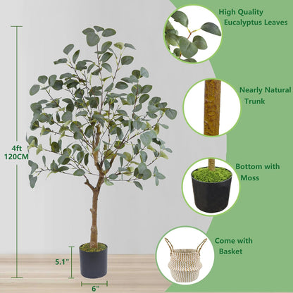 Artificial Eucalyptus Tree, 4ft Tall Green Silk Leaves Perfect Faux Plant with Basket, Mordern Fake