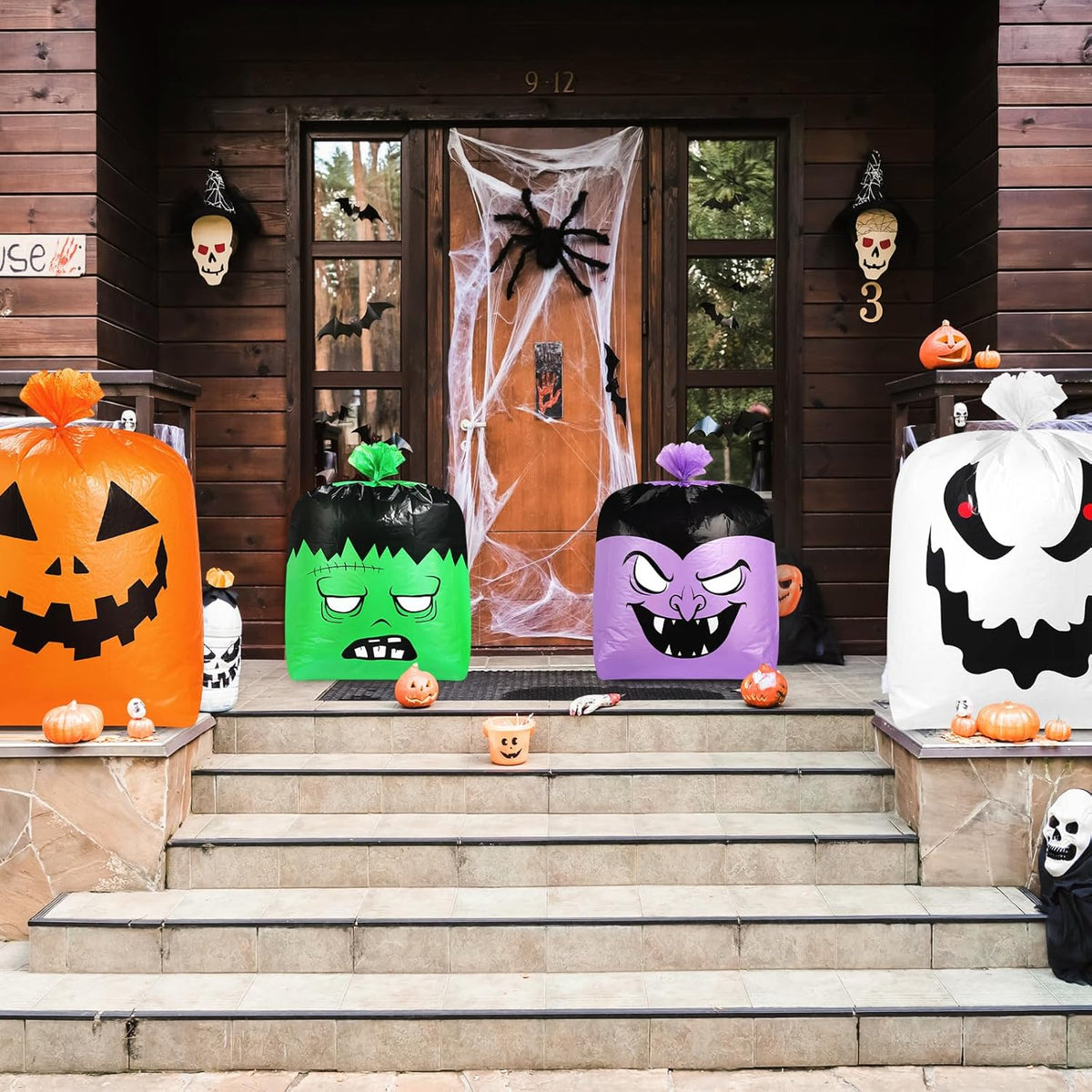 Qilery 12 Pcs Halloween Leaf Lawn Bags Plastic Pumpkin Trash Bags for Leaves with Twist Ties for