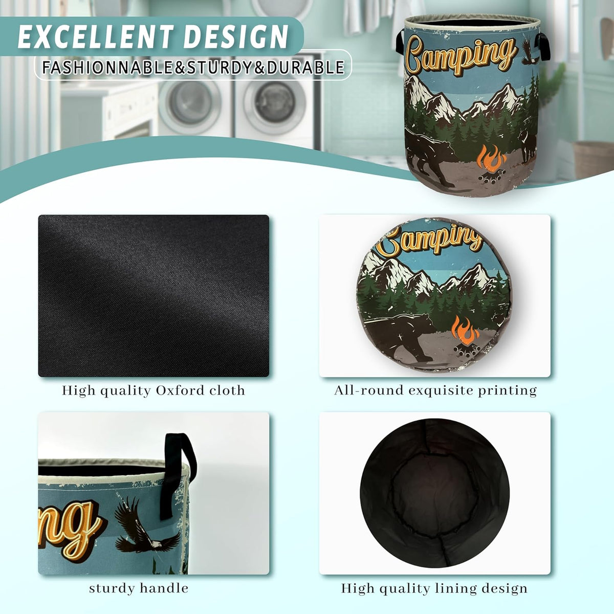Retro Camping Mountain Bear Laundry Basket Foldable With Handles Tote Bag Oxford Cloth Funny