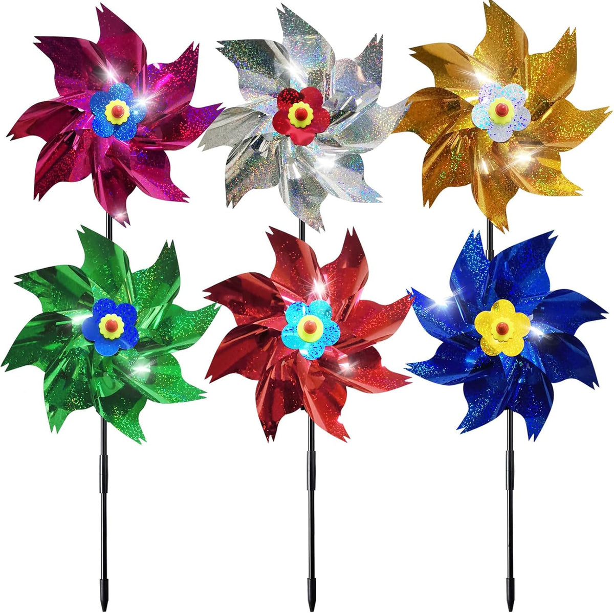 Sparkly Reflective Pinwheels with Stakes, Colorful Wind Spinners Outdoor Bird Scare Devices, Foil