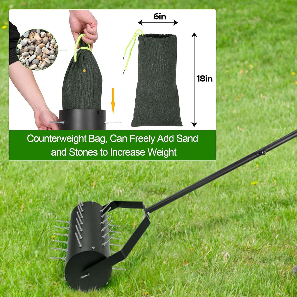 18-inch Rolling Lawn Aerator Tool, 50"-70" Handle Heavy Duty Spike Aerator with Sandbag, 40 Iron