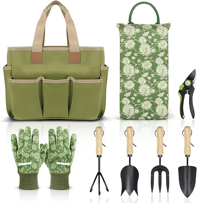 Colwelt Garden Tools Set, 8 Piece, Heavy Duty Gardening Tools with Wooden Handle, Including Garden