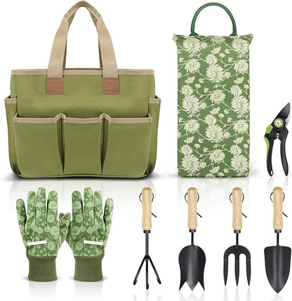 Colwelt Garden Tools Set, 8 Piece, Heavy Duty Gardening Tools with Wooden Handle, Including Garden