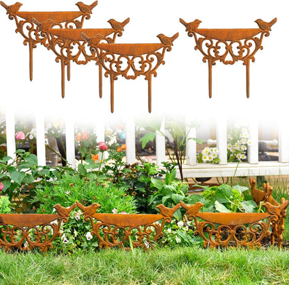 Sungmor Decorative Cast Iron Garden Edging Border, 4 Pack Rustic Brown Landscape Edging Low Picket