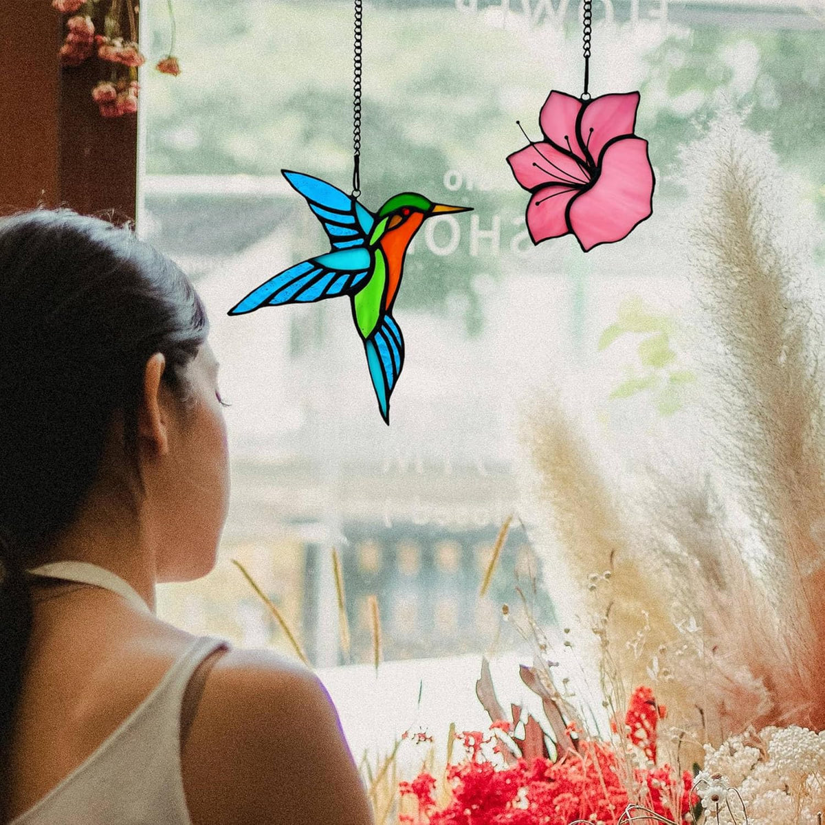 2 Pack Stained Glass Hummingbird with Flower Suncatcher for Window Hanging Ornament, Sun Catchers