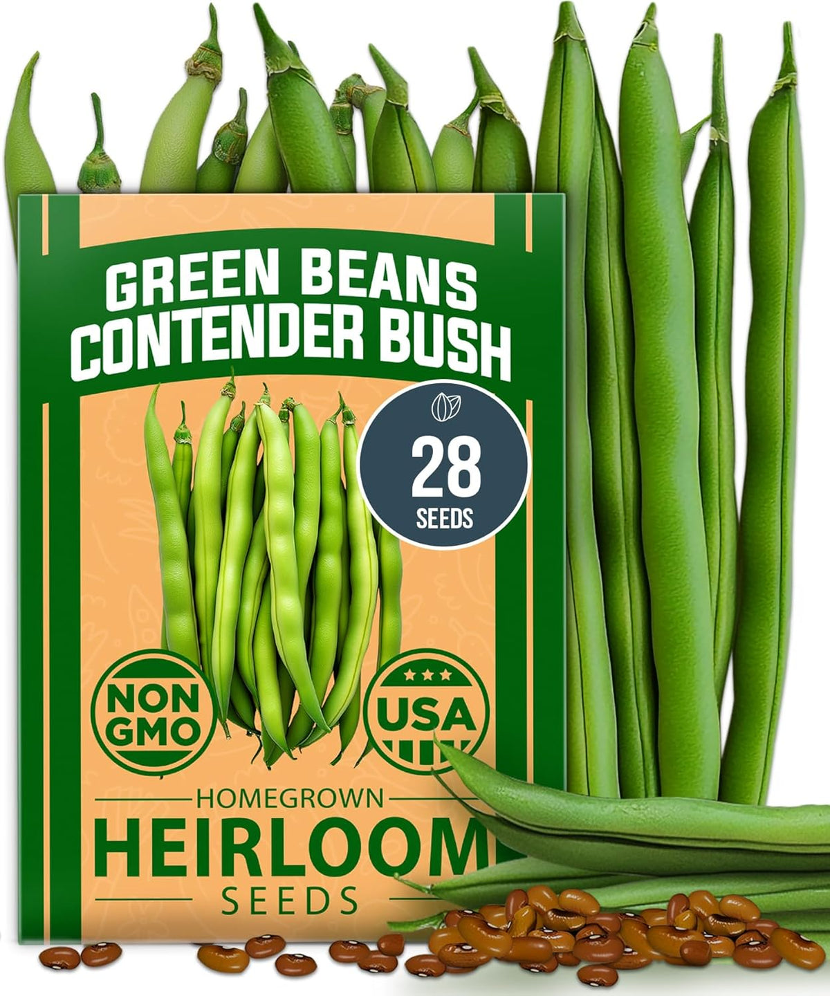 HOME GROWN 𝗨𝗦𝗔 𝗣𝗥𝗘𝗠𝗜𝗨𝗠 Contender Bush Bean Pack - 28 𝗡𝗢𝗡-𝗚𝗠𝗢 Heirloom Green Beans