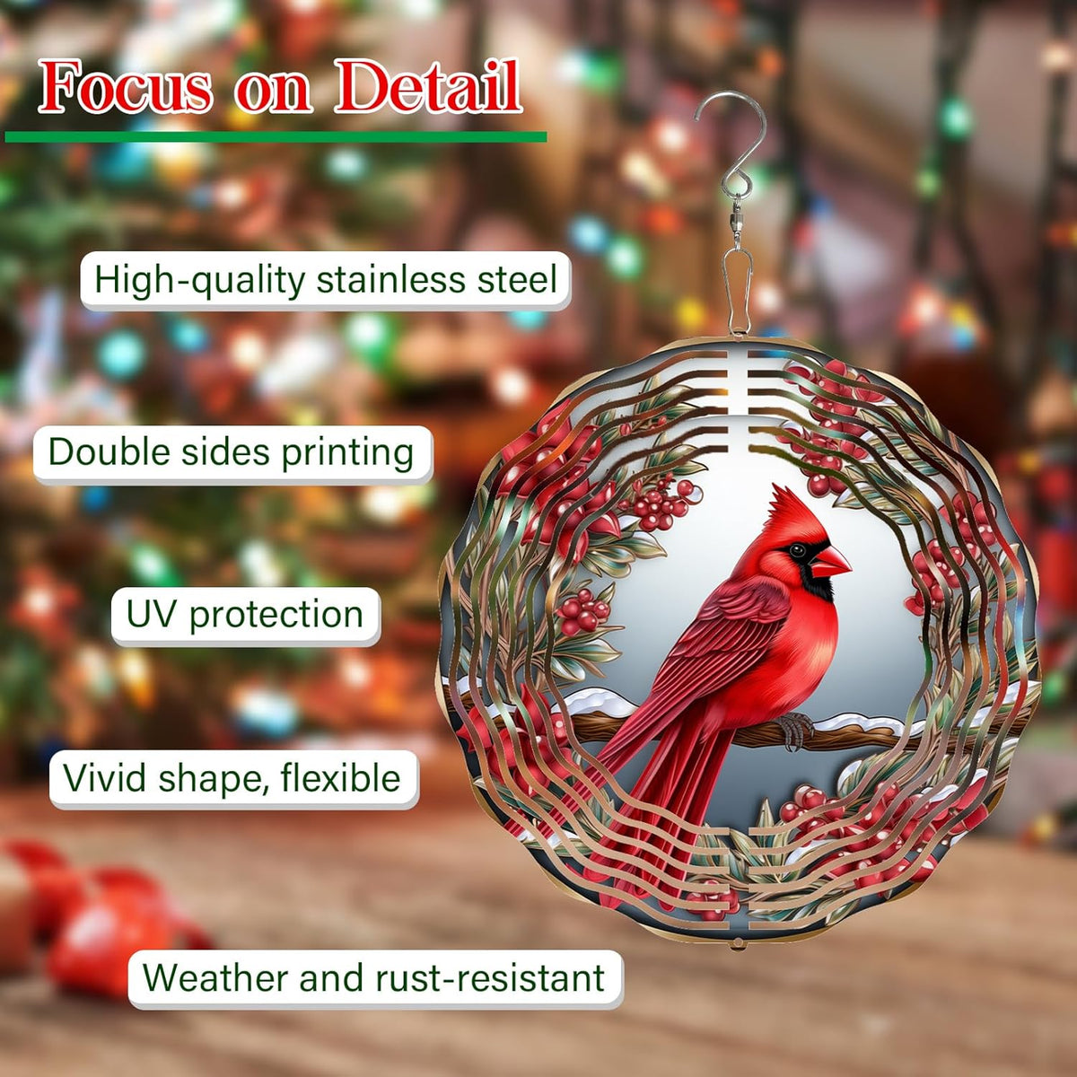 Cardinal Wind Spinner,3D Bird Spinners with Holly for Yard and Garden 3D Steel Wind Spinners
