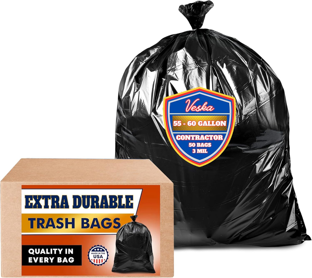 Veska Contractor Garbage Bags 55 Gallon Heavy Duty (MegaValue 50 Bags w/Ties) Contractor Trash Bags