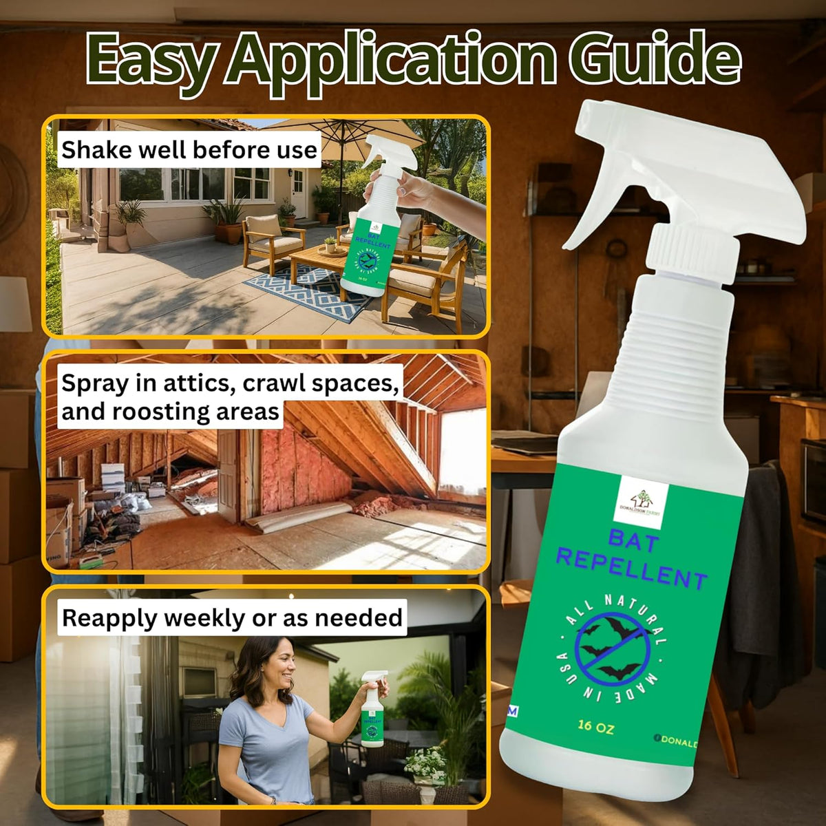 Bat Repellent Spray – Indoor and Outdoor Deterrent to Drive Bats Away from Nesting – Easy