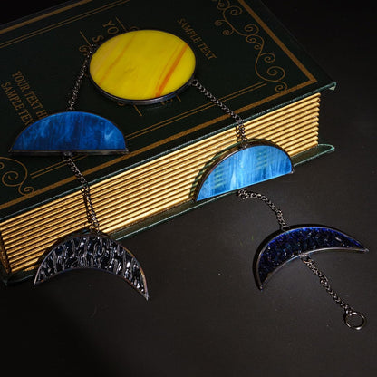 Celestial Blue Stained Glass Sun and Moon Window Hanging Handmade Stained Glass Suncatcher Boho