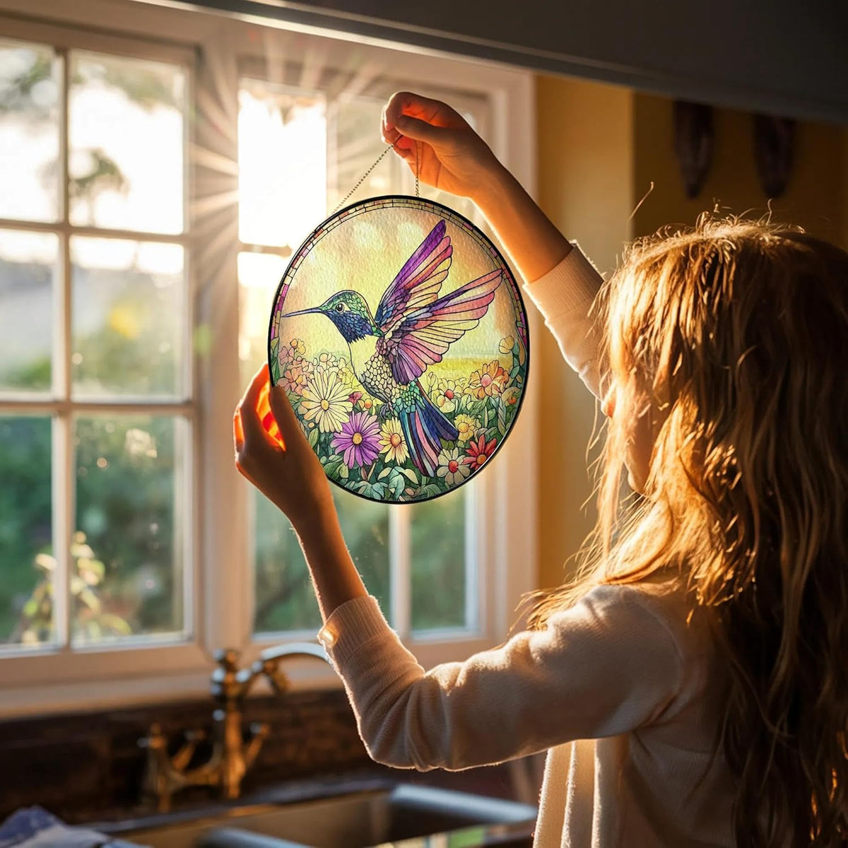 Hummingbird Suncatcher Stained Glass Window Hanging Decor - Hummingbird Gifts for Women, Birds