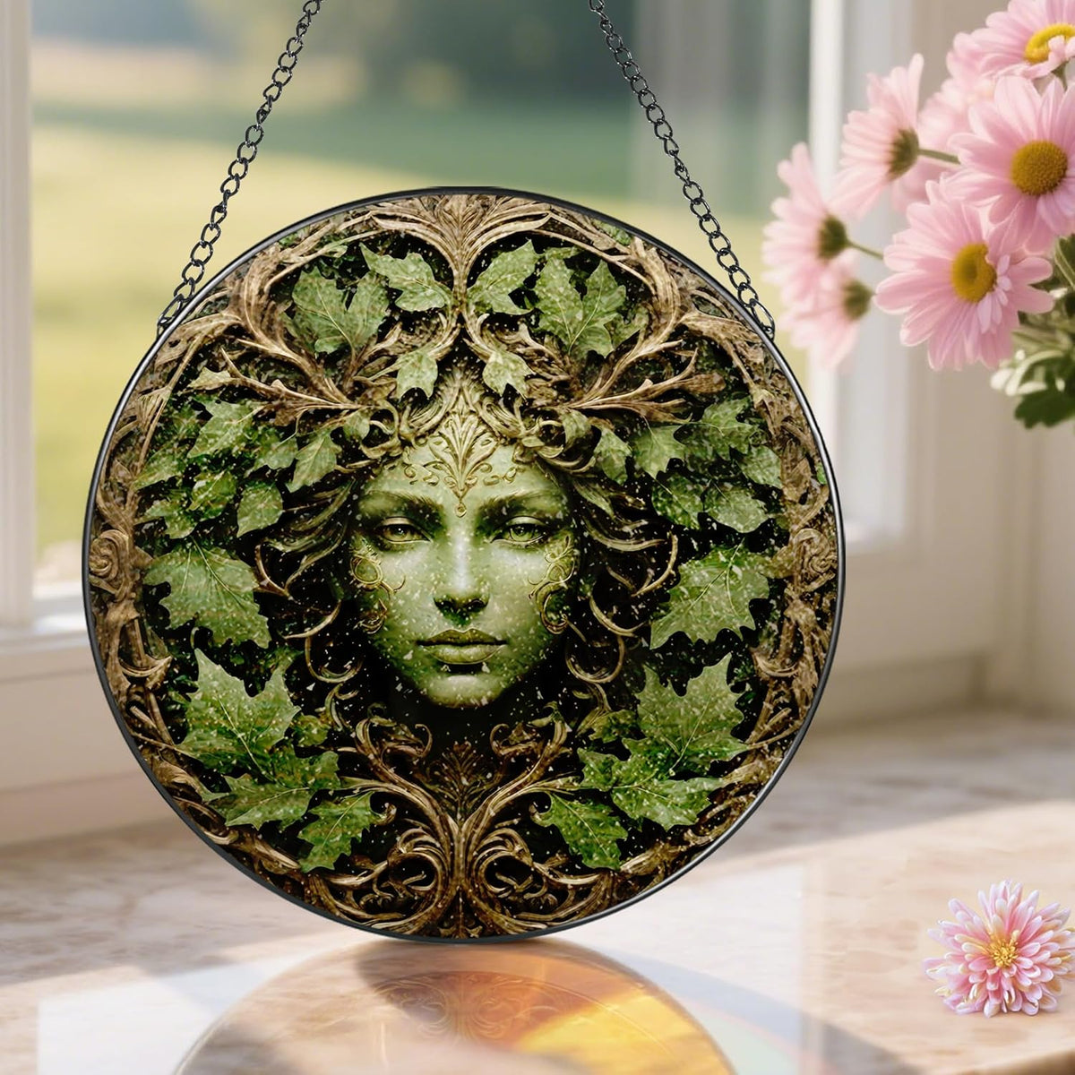 Green Man Stained Glass Suncatcher, Stained Glass Window Hanging, 8 Inch Window Decor Hanging, Gift