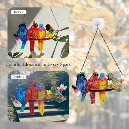 Stained Glass Window Hanging - Large Suncatcher Stained Glass Birds on Branch, Sun Catchers for