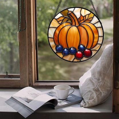 Stained Glass Window Hanging Fall Pumpkin Berries Large 15" - Suncatcher Door Garden Kitchen