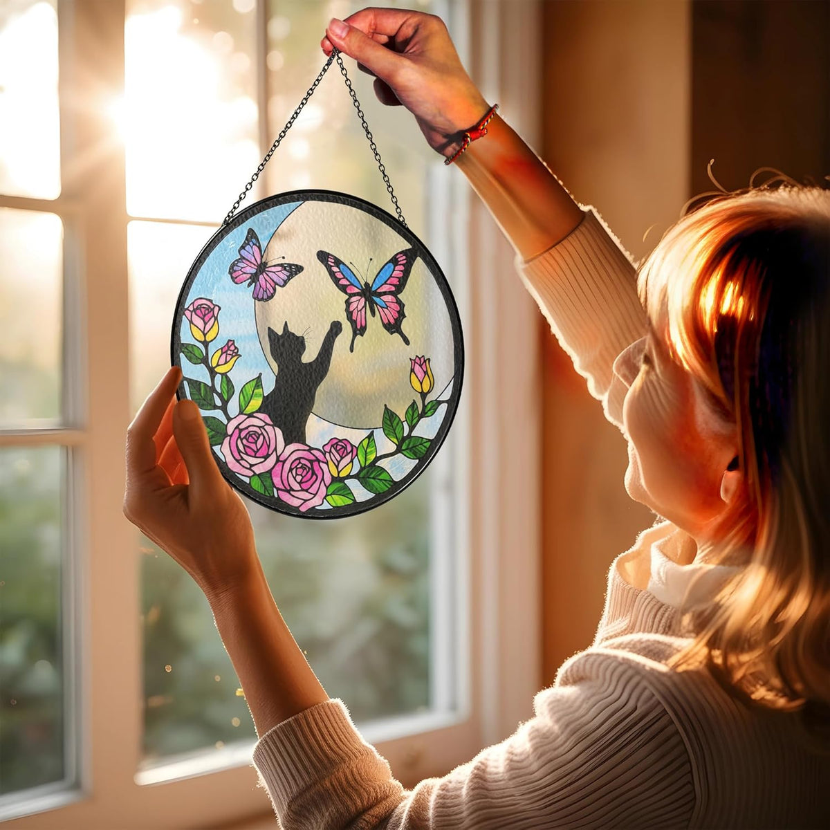 7.8" Cat Stained Glass Butterfly on Moon, Suncatcher Window Hanging, Suncatcher Garden Decor
