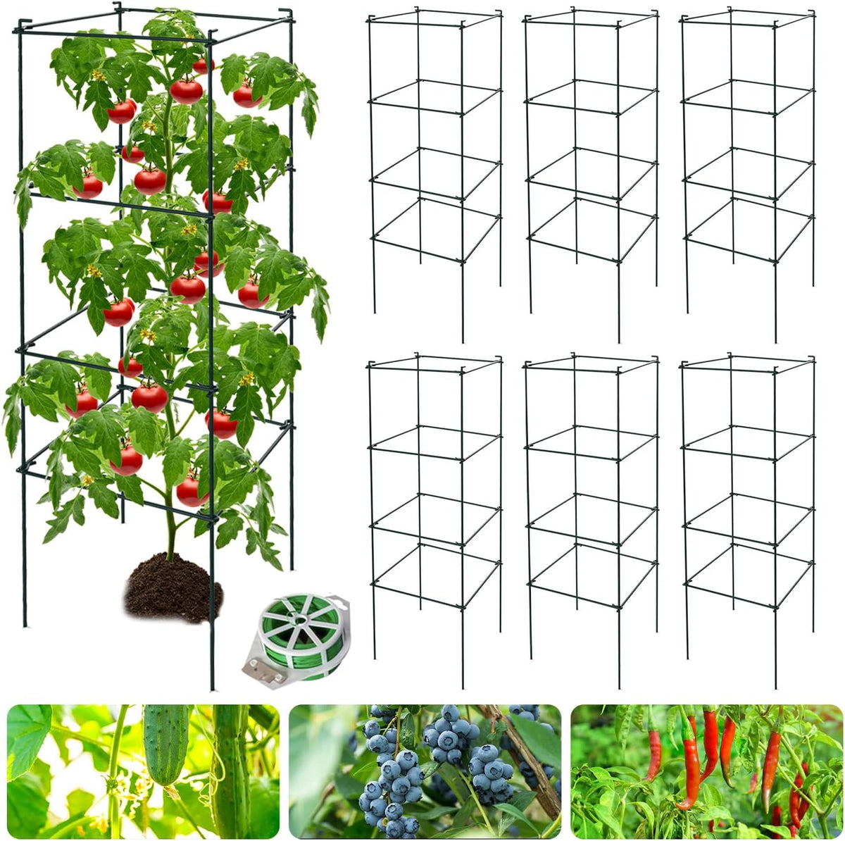 6 Packs Tomato Cages for Garden, 12"×12"×39" Plant Support Cage with Different Spacing, Green Metal