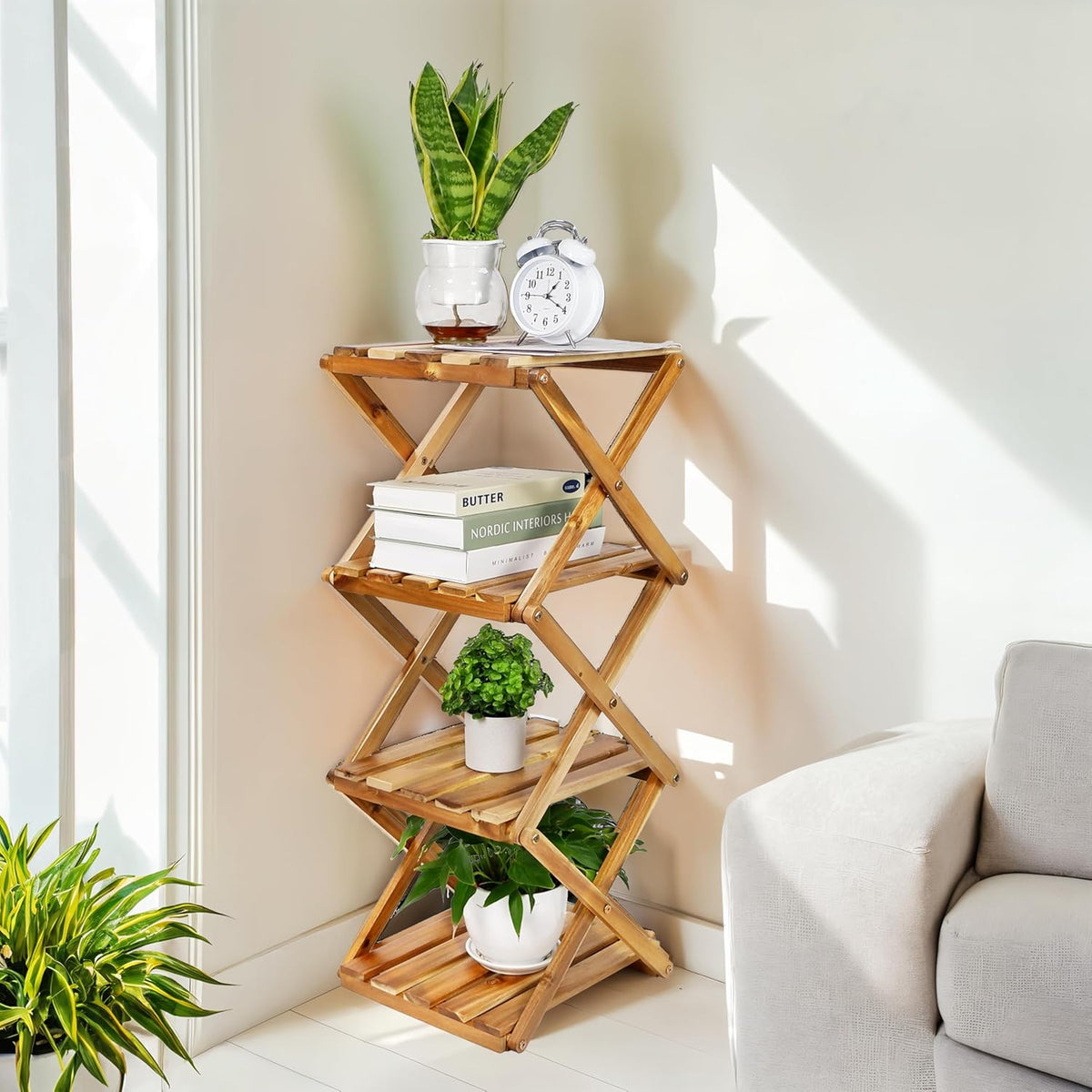 BEEFURNI Acacia Plant Stand Indoor Corner, Wooden Outdoor 4 Tier Corner Planter Stand, Foldable