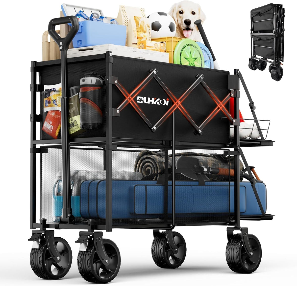 Double Decker Wagon 320L Large Capacity 400LBS Collapsible Sports Utility Cart with Big