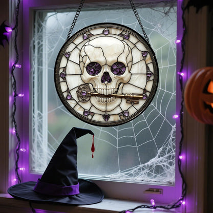 Stained Glass Window Hanging - Halloween Scary Skull Suncatcher for Doors Garden Home Spooky Purple