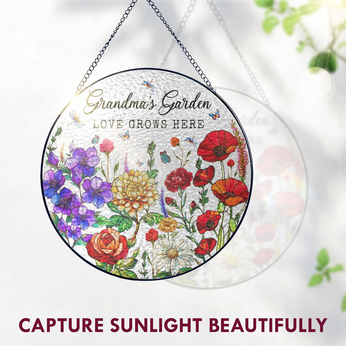 FLAGWIX Christmas Grandma Gifts - Grandmas Garden Stained Glass Window Hanging with Base 8 in