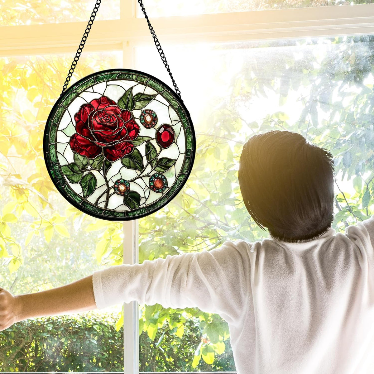 Stained Glass Window Hanging, Red Rose Gemstone Green Sun Catchers Diamond Glass Panel Hangings