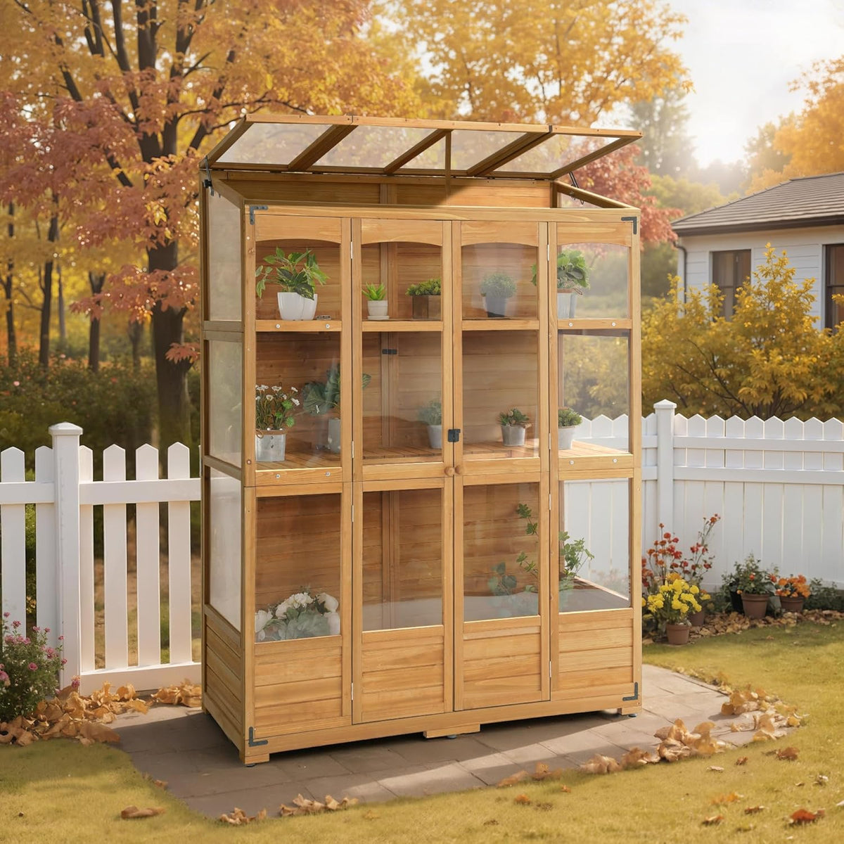 MCombo Wooden Greenhouse, Walk-in Outdoor Greenhouse with Openable Roof and Lockable Door, 0899