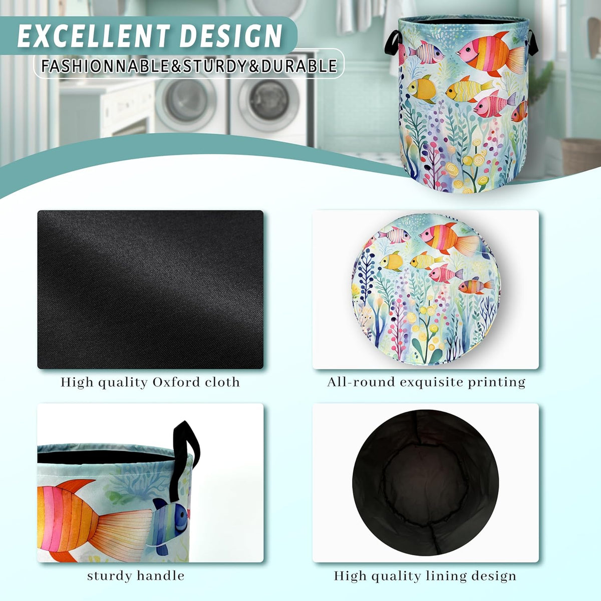 Watercolor Fish Laundry Basket Foldable With Handles Cute Fishes Tote Bag Oxford Cloth Colorful