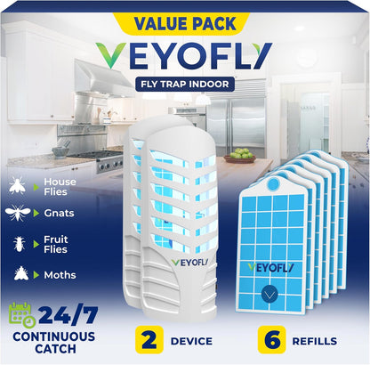 VEYOFLY Fruit Fly Traps for Indoors, Fly Trap Indoor, (2 Device + 6 Refills) Fly Catcher Indoor
