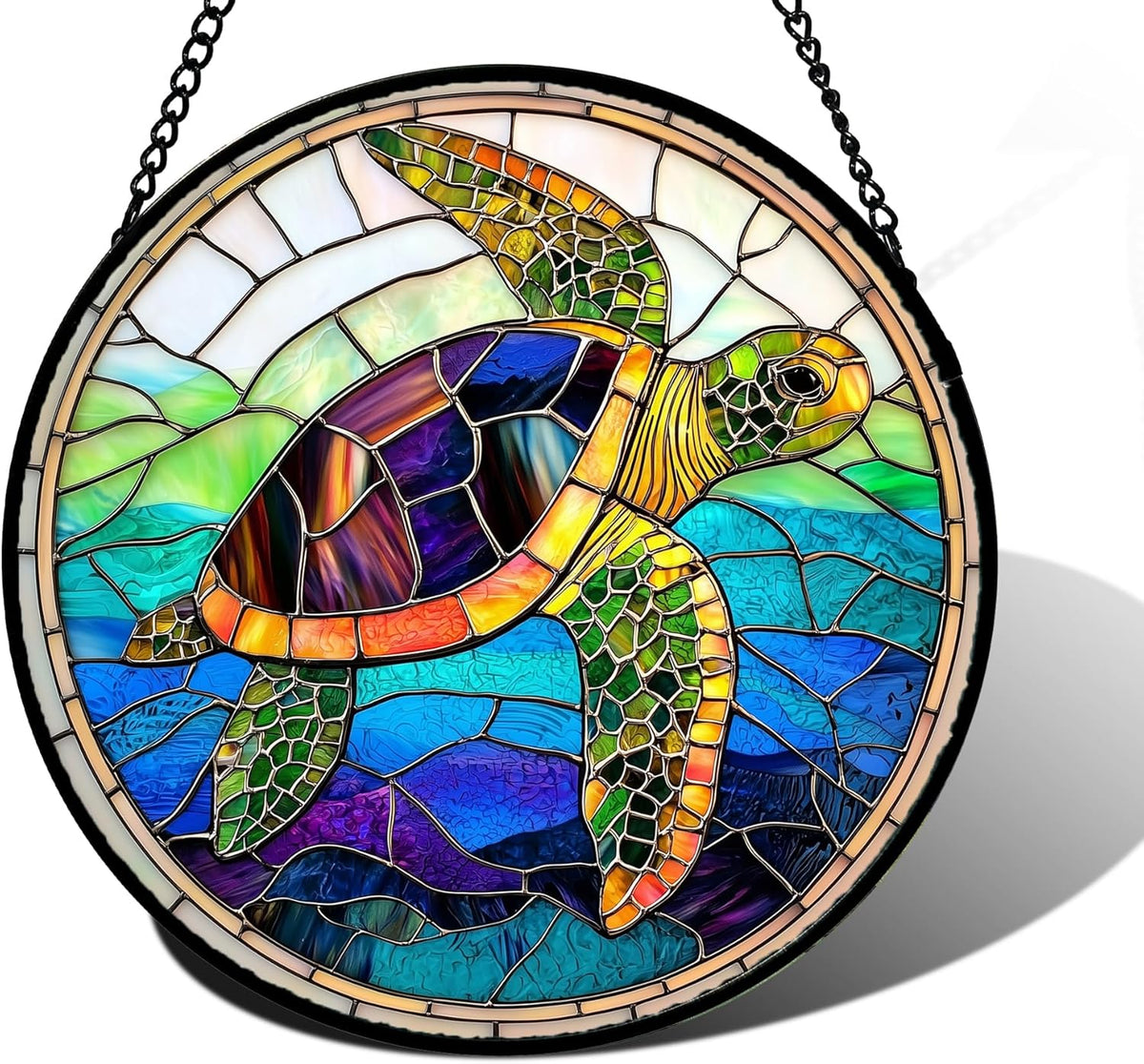 Stained Glass Window Hanging, Colored Turtle Ocean Suncatcher Diamond Glass Panel Hangings Marine