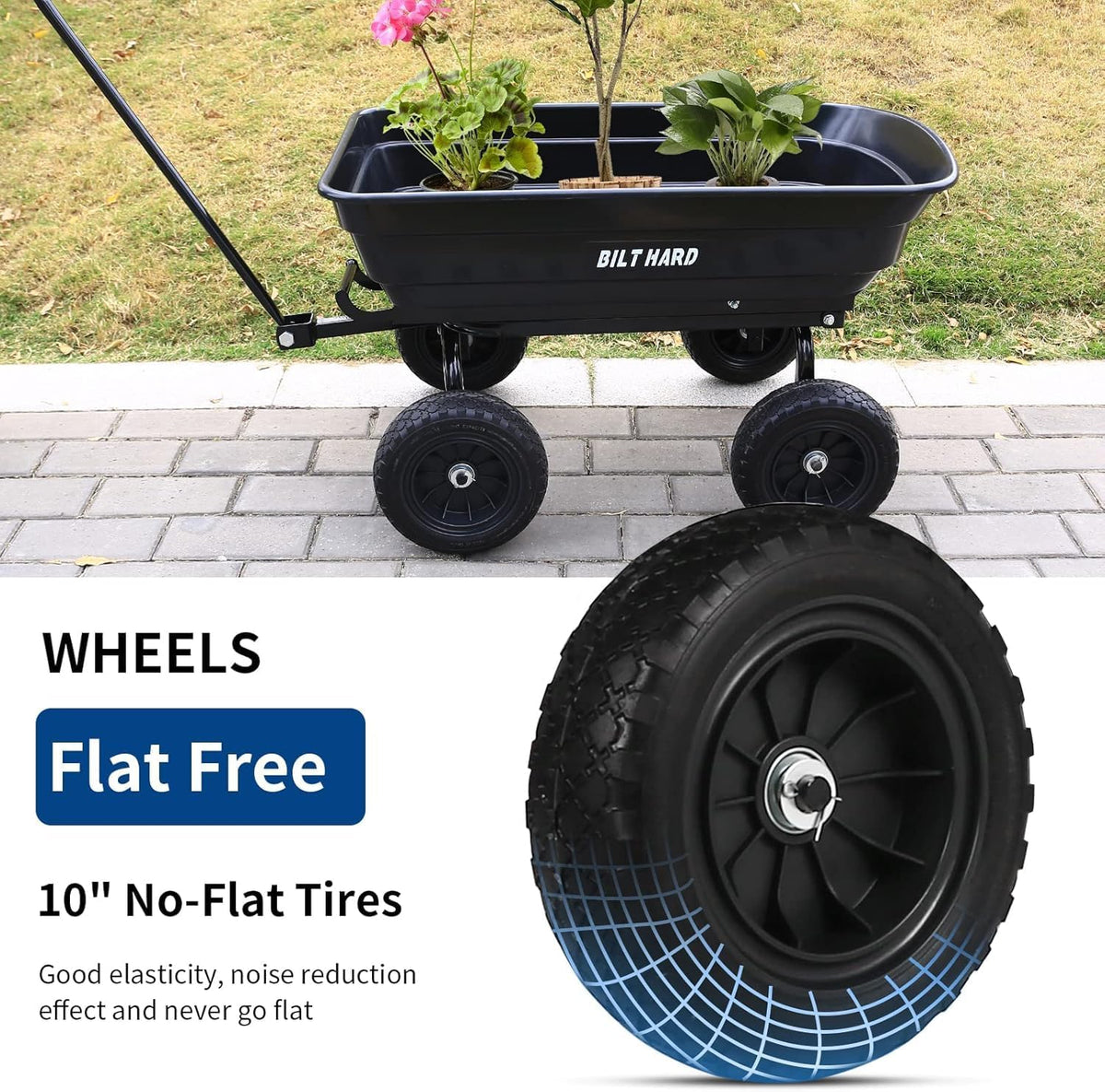 BILT HARD 4 Cu.Ft. 10" No-Flat Tires Poly Yard Dump Cart with 180° Rotating Handle, 600 lbs