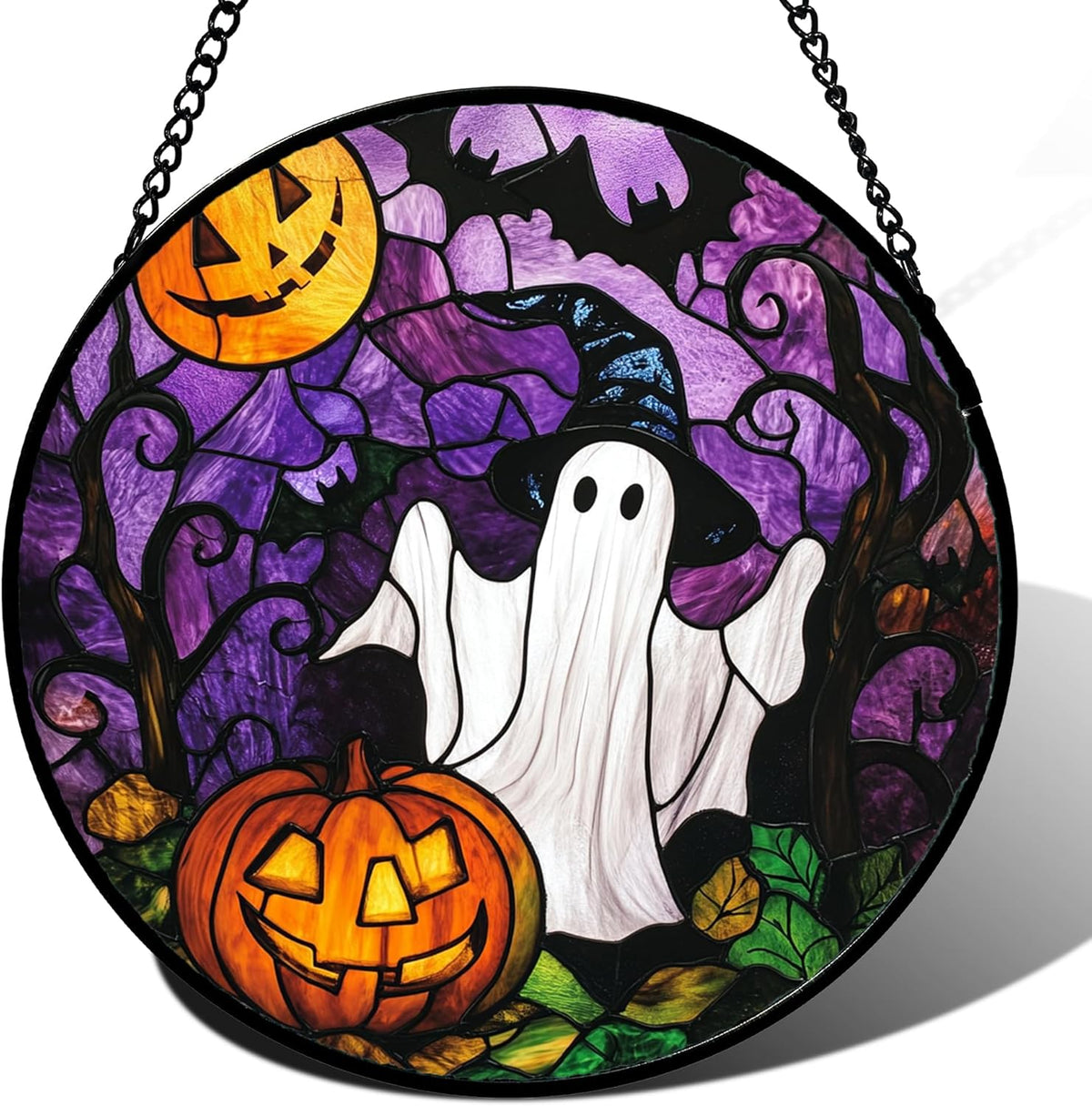 Stained Glass Window Hanging Halloween White Ghost Black Bat 6.3" - Suncatcher Door Garden Sunroom