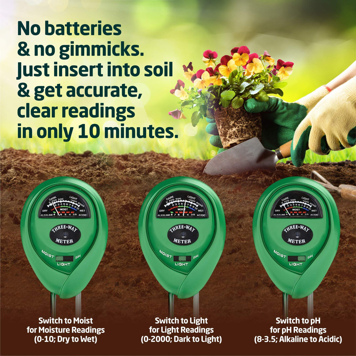 Soil Moisture Meter, Accurate Soil Moisture/PH/Light Meter Plant Soil Test Kit Indoor Outdoor Use