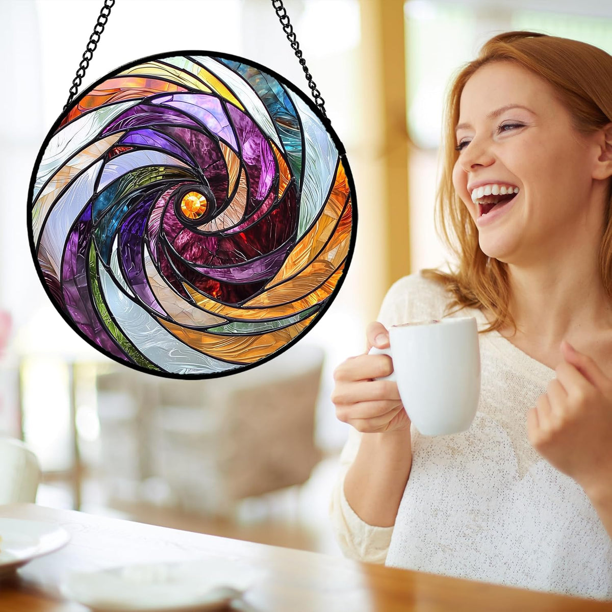 Stained Glass Window Hanging, Colorful Abstract Spiral Pattern Suncatcher for Doors Window Home Sun