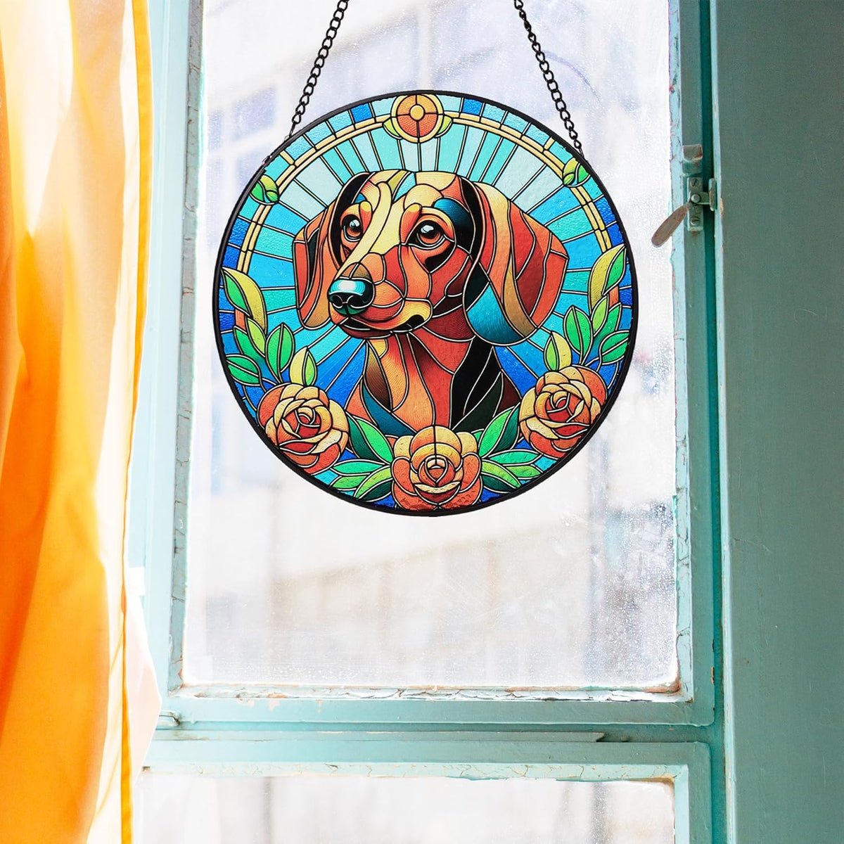Stained Glass Dog Memorial Suncatcher,Dachshund Window Hanging,Sympathy Gifts for Pet Loss,7.9