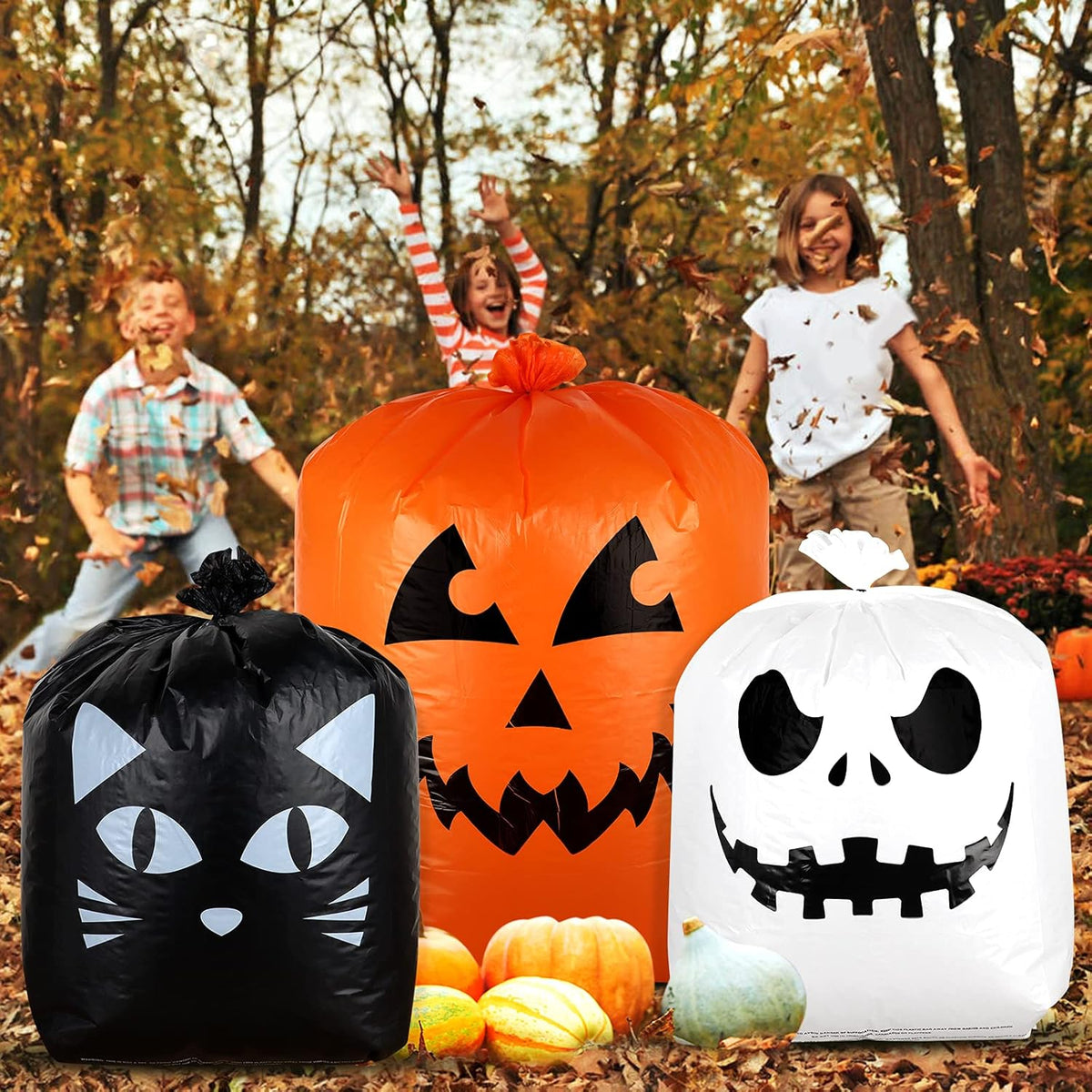 Giiffu 9-Pack Halloween Leaf Bags with Twist Ties – Heavy Duty Pumpkin Yard Waste Bags for Lawn