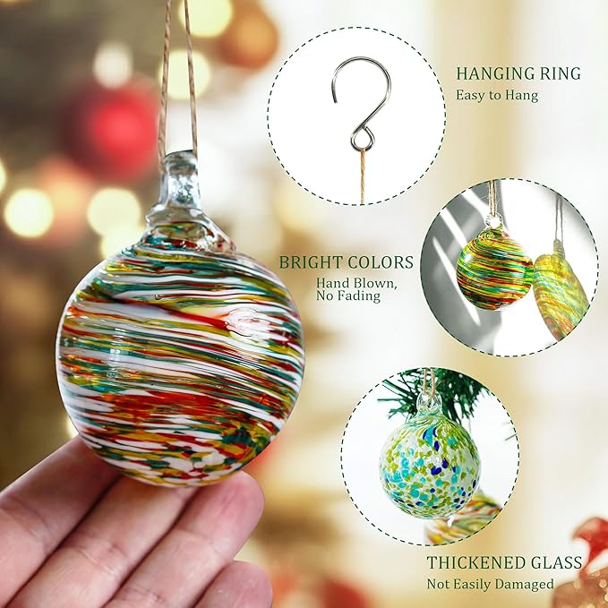 6 Pcs Blown Glass Ornaments Balls, 2.3inch Hand Blown Glass Christmas Ornaments for Tree, Hanging